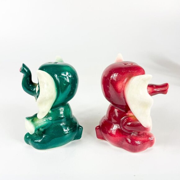Vintage Elephant Salt & Pepper Shakers Set Green Red Ceramic Hand-Painted MCM - Picture 4 of 6